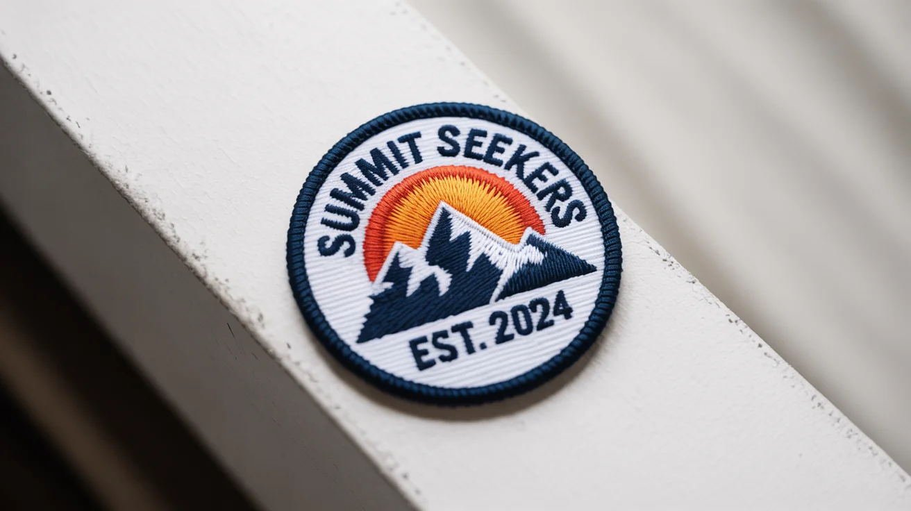 A photorealistic mockup of a circular embroidered patch for a brand called 'Summit Seekers', featuring a mountain range and sun design, set against a white background.