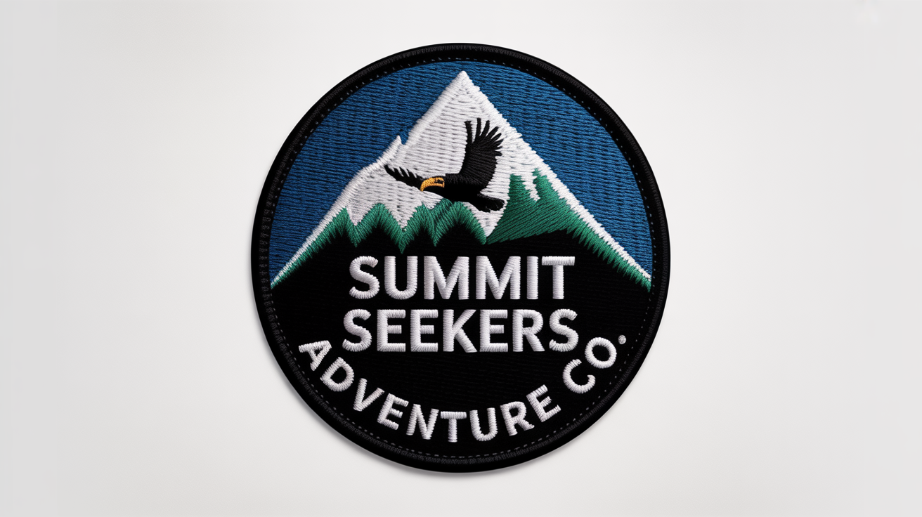 A high-quality, circular embroidered logo patch for 'Summit Seekers Adventure Co.' featuring a mountain and an eagle, shown as a product mockup on a plain white background.