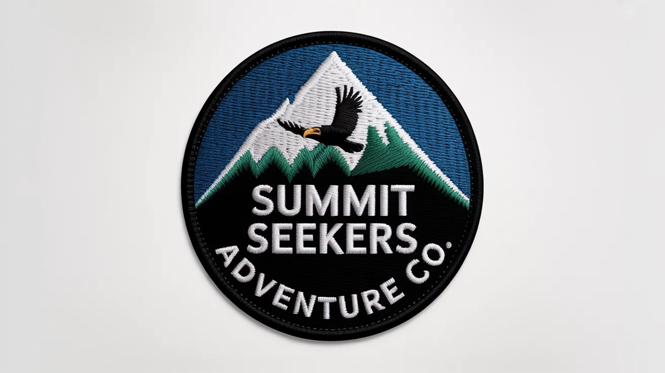 A high-quality, circular embroidered logo patch for 'Summit Seekers Adventure Co.' featuring a mountain and an eagle, shown as a product mockup on a plain white background.