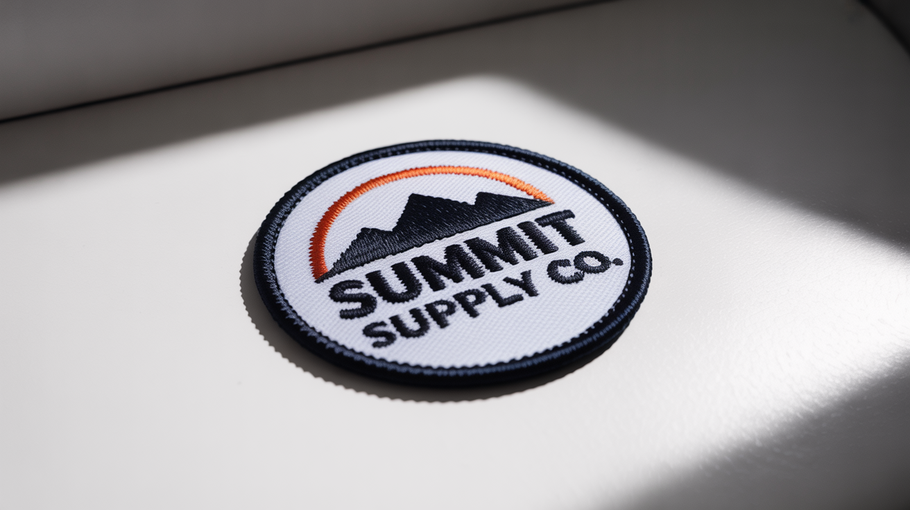 A photorealistic mockup of a circular embroidered logo patch for 'Summit Supply Co.', featuring a minimalist mountain range design on a white background.