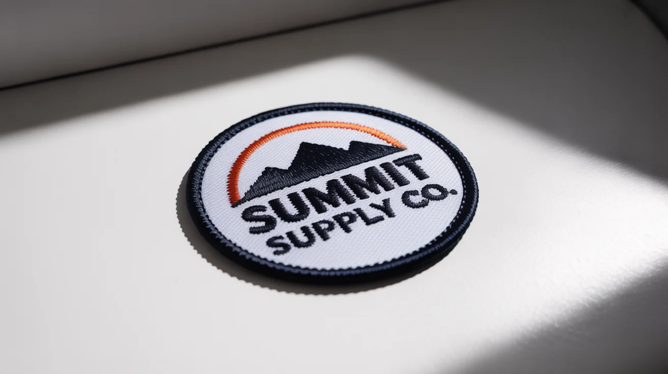 A photorealistic mockup of a circular embroidered logo patch for 'Summit Supply Co.', featuring a minimalist mountain range design on a white background.