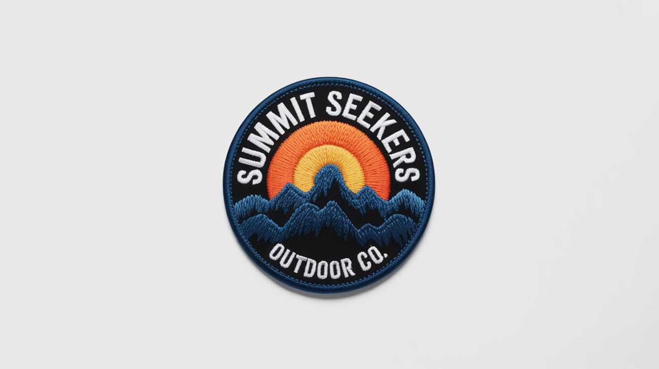 A photorealistic mockup of a circular embroidered logo patch for 'Summit Seekers Outdoor Co.', featuring a mountain range and sun design, set against a clean white background.