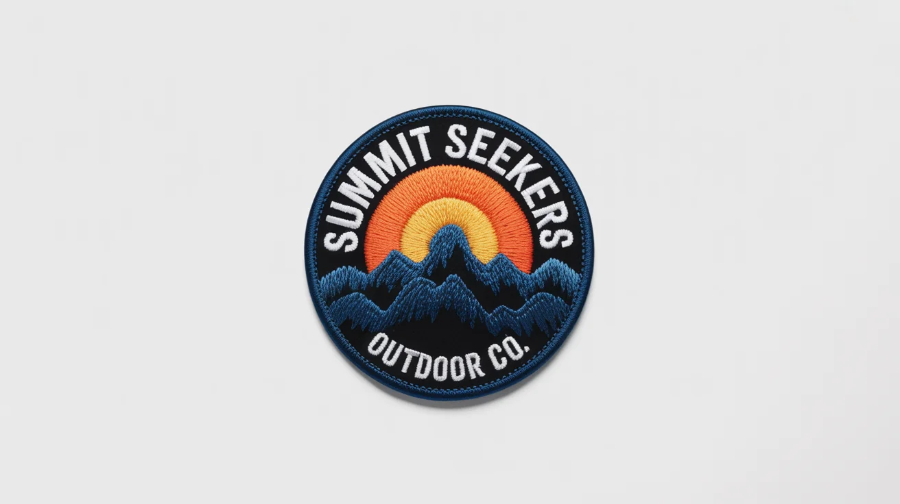 A photorealistic mockup of a circular embroidered logo patch for 'Summit Seekers Outdoor Co.', featuring a mountain range and sun design, set against a clean white background.