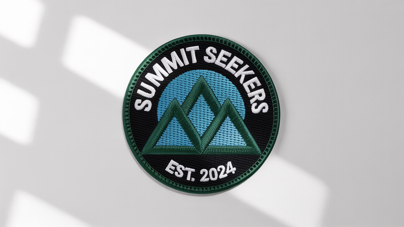 A close-up photograph of a circular, embroidered logo patch for 'Summit Seekers' featuring a mountain design, placed on a white background.