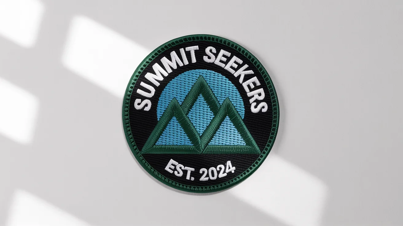 A close-up photograph of a circular, embroidered logo patch for 'Summit Seekers' featuring a mountain design, placed on a white background.