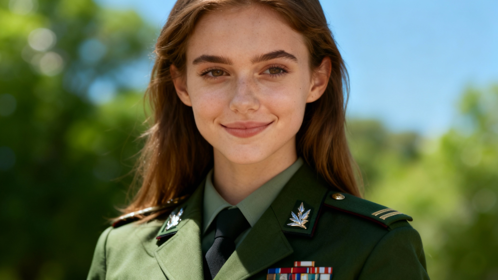 A photorealistic hero image showing the result of a military uniform generator: a confident young woman with long brown hair wearing a crisp, detailed green military uniform, posing for a professional outdoor portrait.