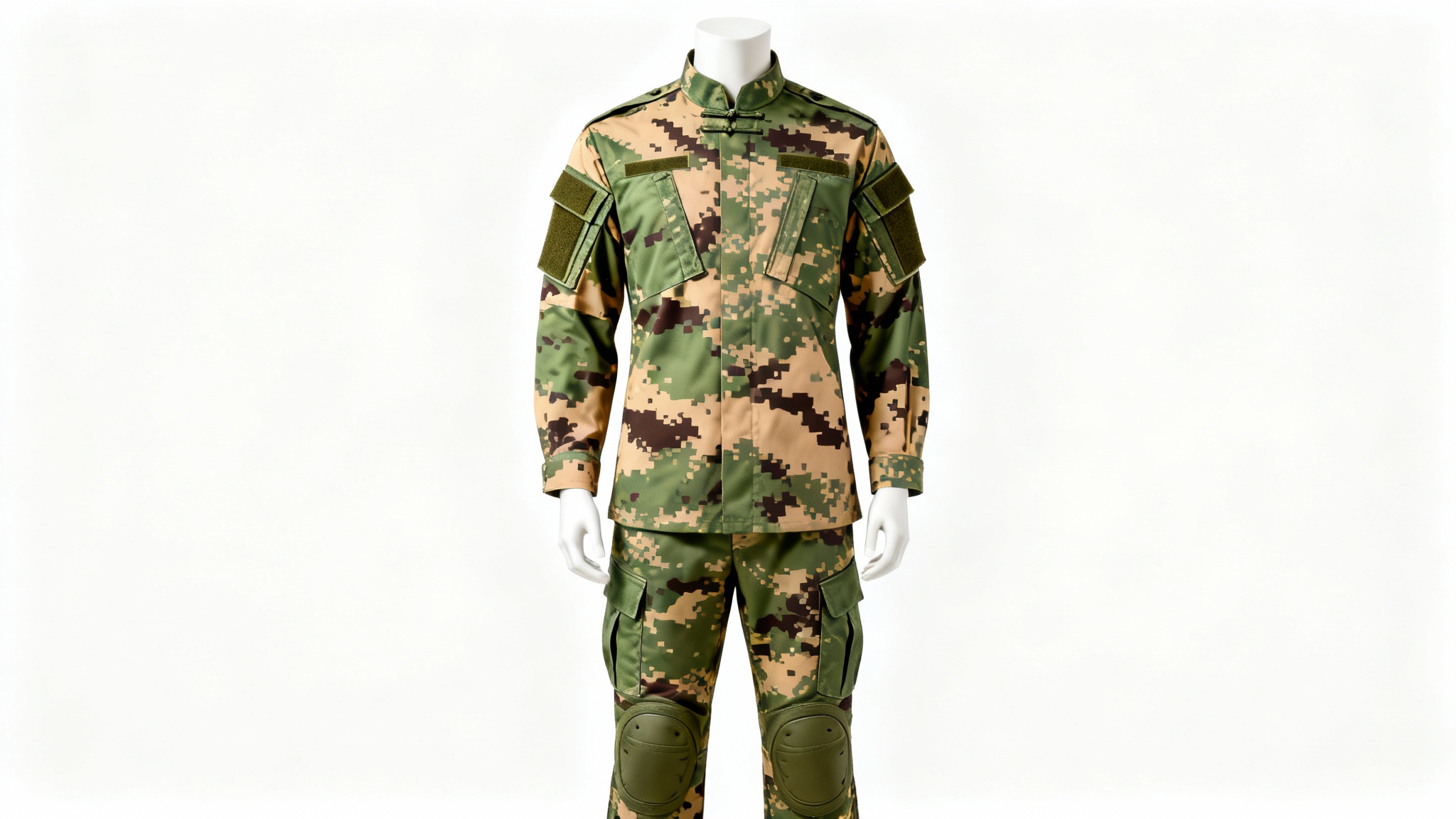 A modern military combat uniform with a digital camouflage pattern, displayed on a mannequin against a plain white background.