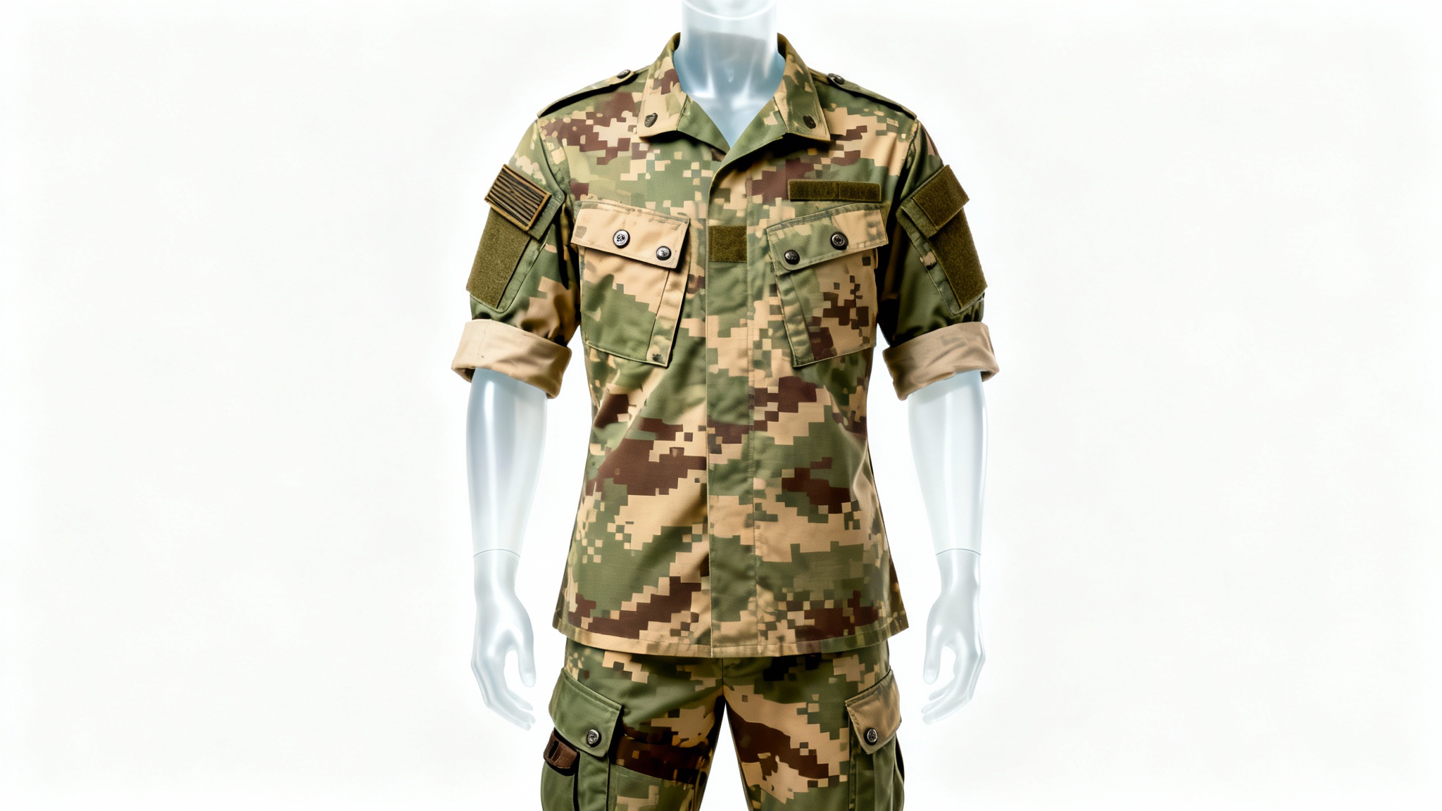 A modern military uniform with a digital camouflage pattern, displayed on an invisible mannequin against a clean white background, showcasing its design and fabric details.