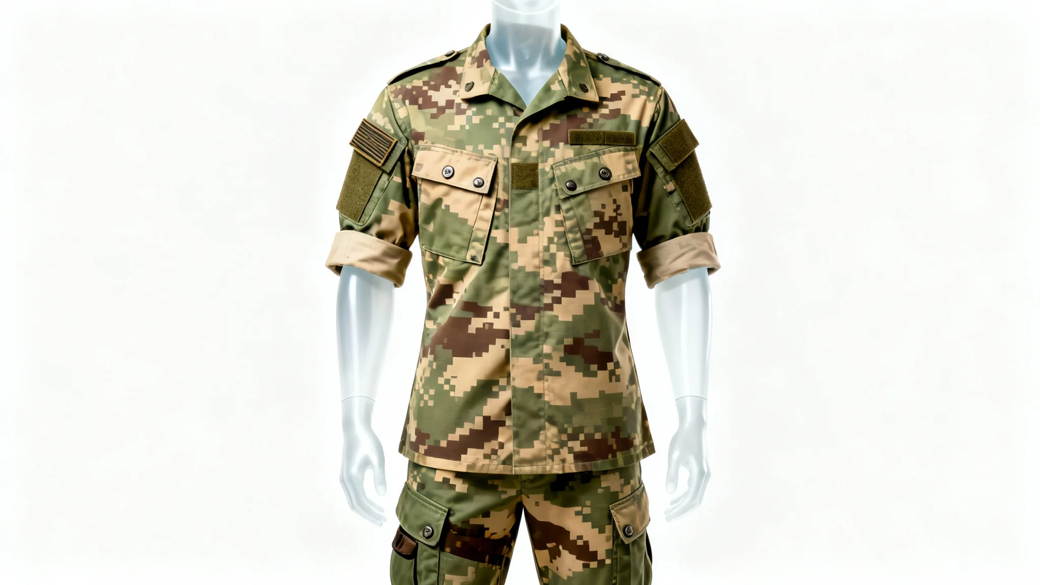 A modern military uniform with a digital camouflage pattern, displayed on an invisible mannequin against a clean white background, showcasing its design and fabric details.