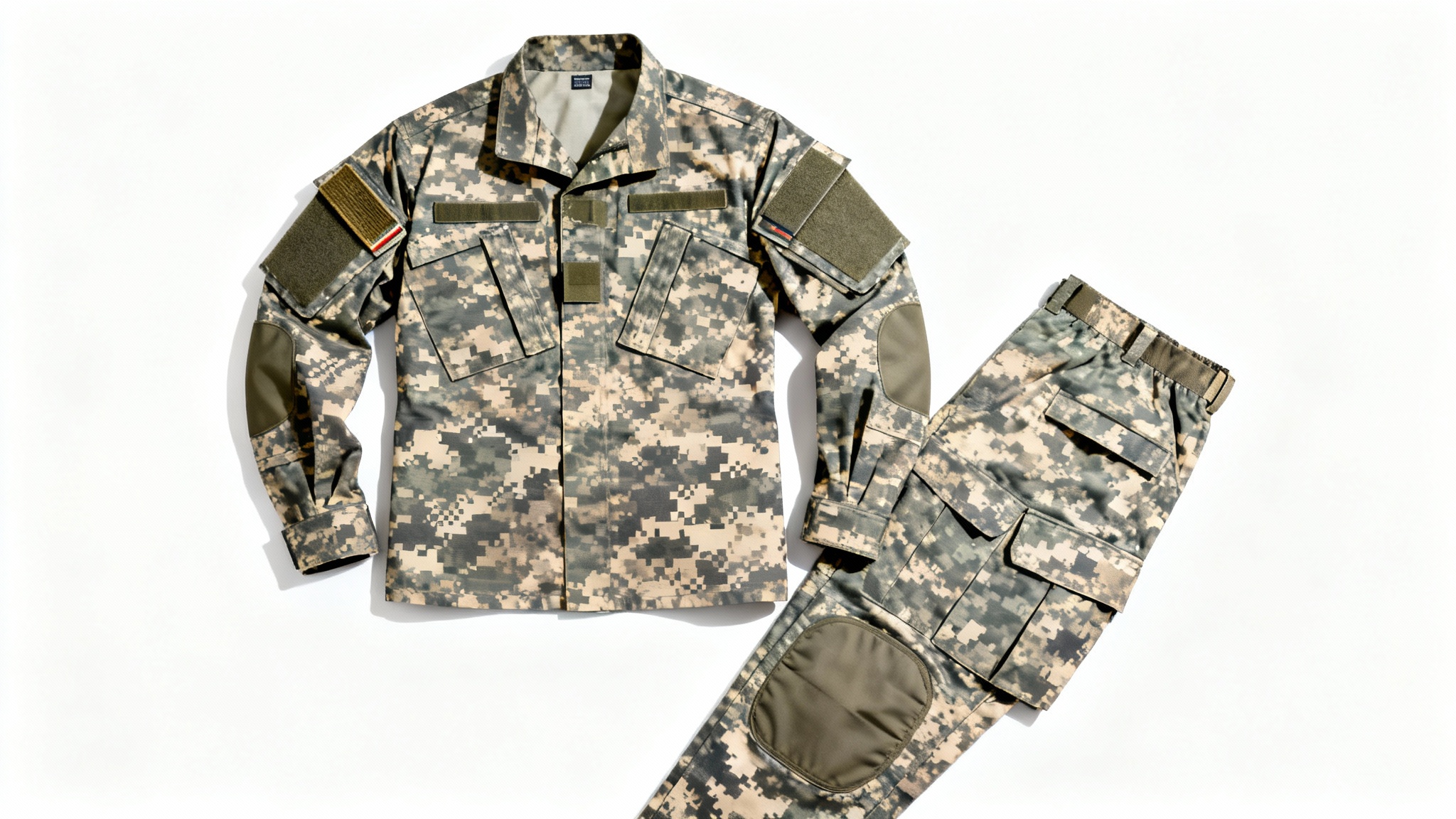 A modern military combat uniform with a digital camouflage pattern laid out flat on a white background, showcasing its design and features.