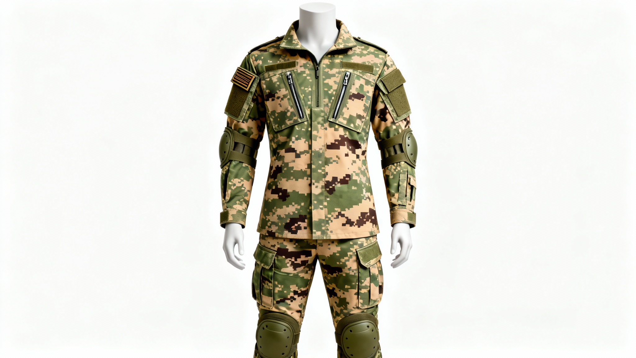 A modern military combat uniform with a digital camouflage pattern, displayed on a mannequin against a clean white background.