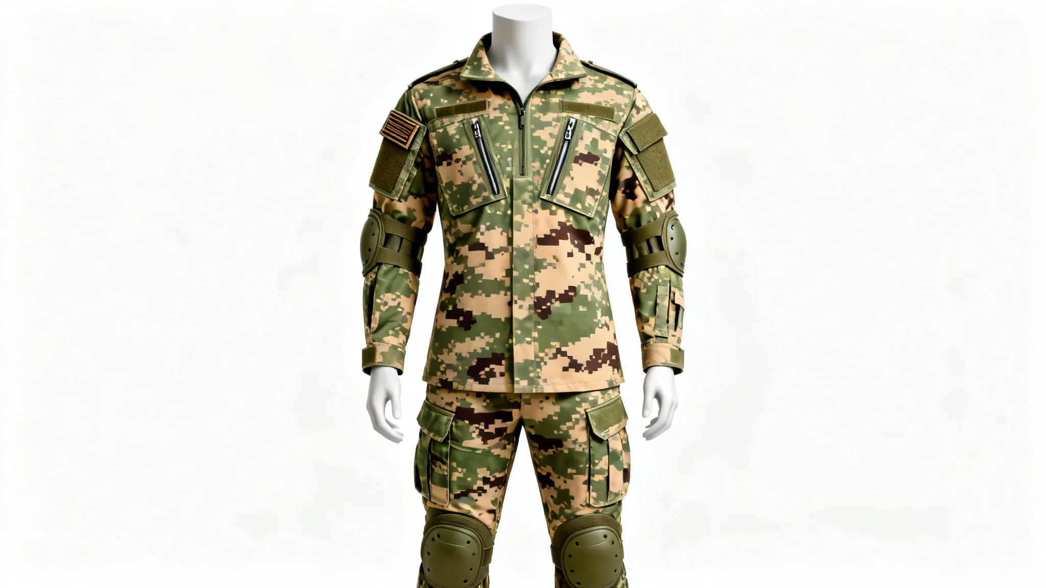 A modern military combat uniform with a digital camouflage pattern, displayed on a mannequin against a clean white background.