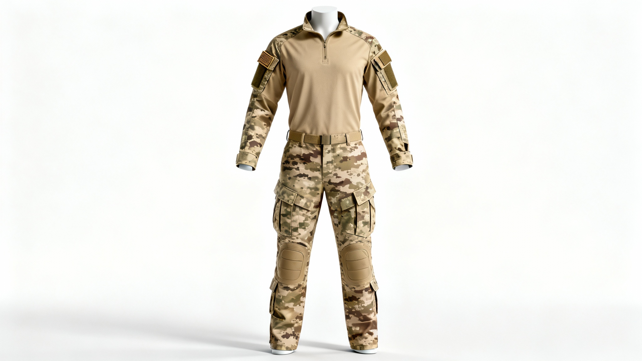A modern military combat uniform with a digital desert camouflage pattern, displayed as a product mockup on a mannequin against a clean white background.