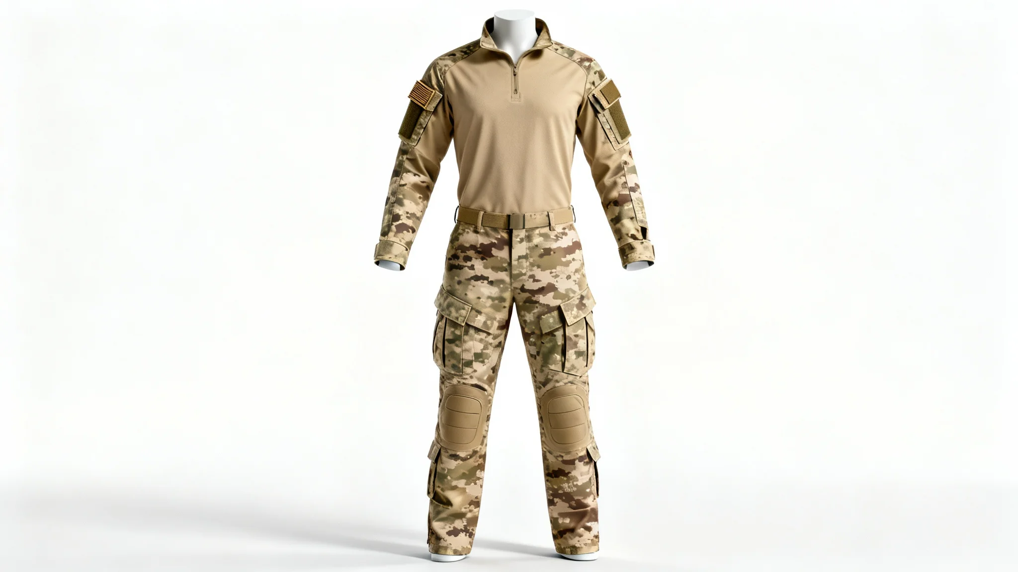 A modern military combat uniform with a digital desert camouflage pattern, displayed as a product mockup on a mannequin against a clean white background.