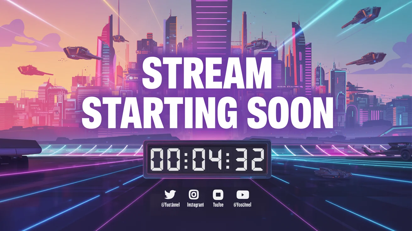 A polished Twitch 'starting soon' screen with a futuristic neon city background, displaying the text 'Stream Starting Soon' and a countdown timer.