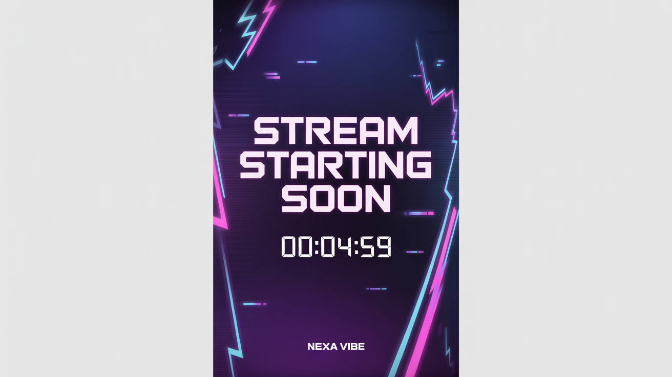 A futuristic 'Stream Starting Soon' screen for Twitch, featuring neon pink and blue geometric lines on a dark background, with the text 'STREAM STARTING SOON' and the streamer name 'NEXA VIBE'.