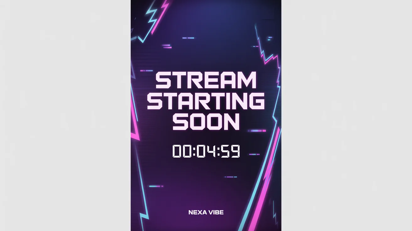 A futuristic 'Stream Starting Soon' screen for Twitch, featuring neon pink and blue geometric lines on a dark background, with the text 'STREAM STARTING SOON' and the streamer name 'NEXA VIBE'.