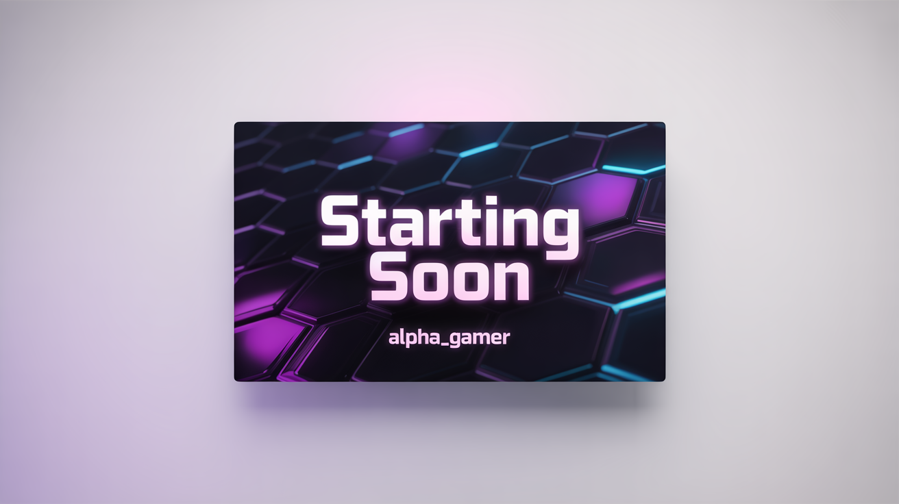 A mockup of a purple and blue futuristic 'Starting Soon' screen for Twitch, with the text 'STARTING SOON' and 'ALPHA_GAMER' in the center.