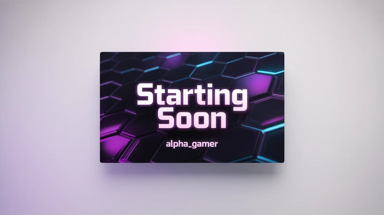 A mockup of a purple and blue futuristic 'Starting Soon' screen for Twitch, with the text 'STARTING SOON' and 'ALPHA_GAMER' in the center.