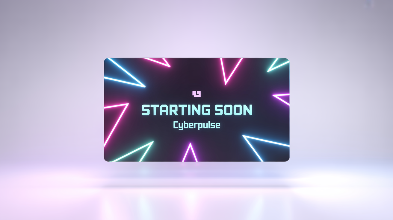 A mockup of a futuristic 'Starting Soon' screen for a Twitch stream, featuring neon blue and pink graphics and the text 'STARTING SOON' and 'CYBERPULSE' on a white background.