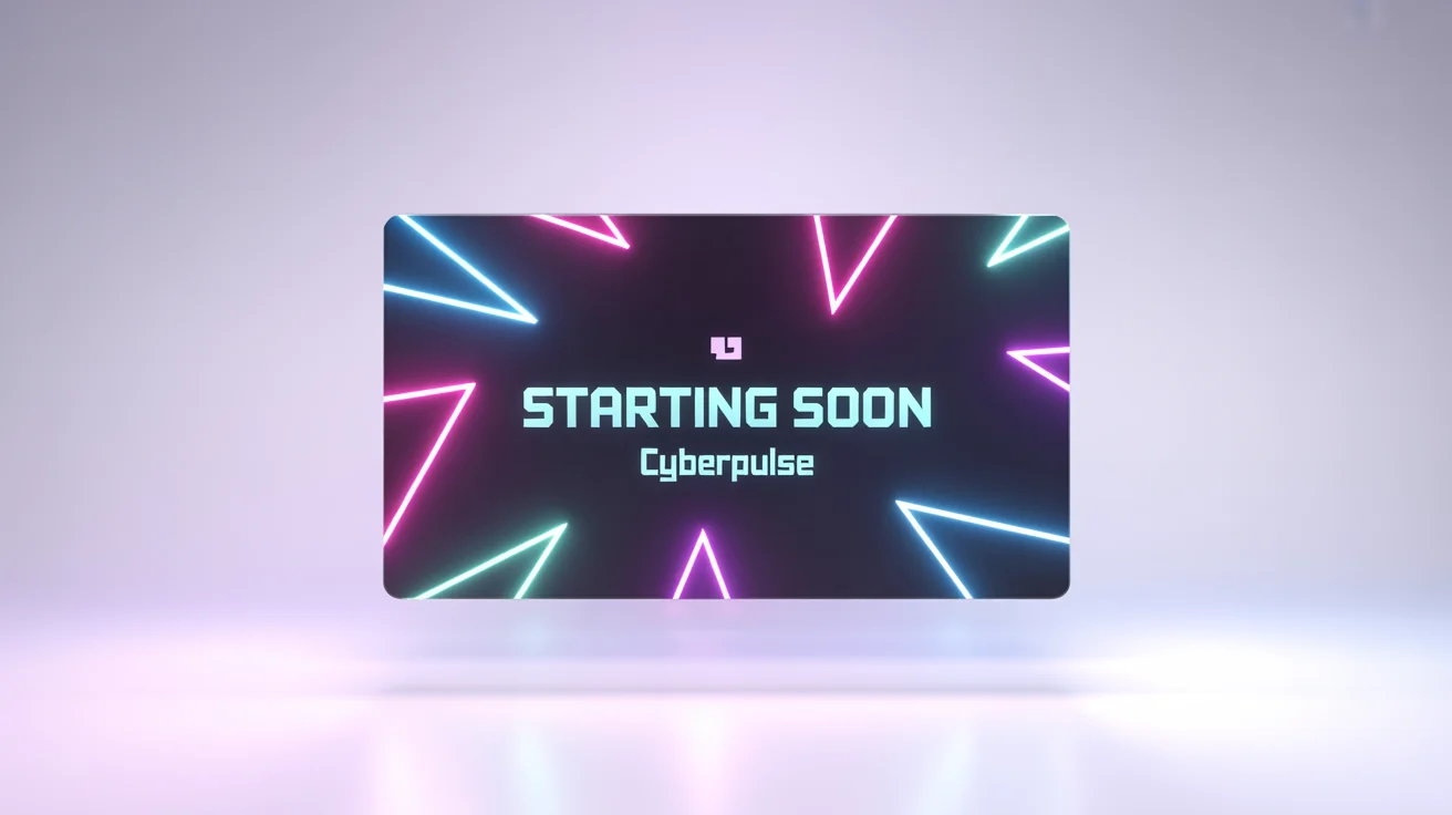 A mockup of a futuristic 'Starting Soon' screen for a Twitch stream, featuring neon blue and pink graphics and the text 'STARTING SOON' and 'CYBERPULSE' on a white background.