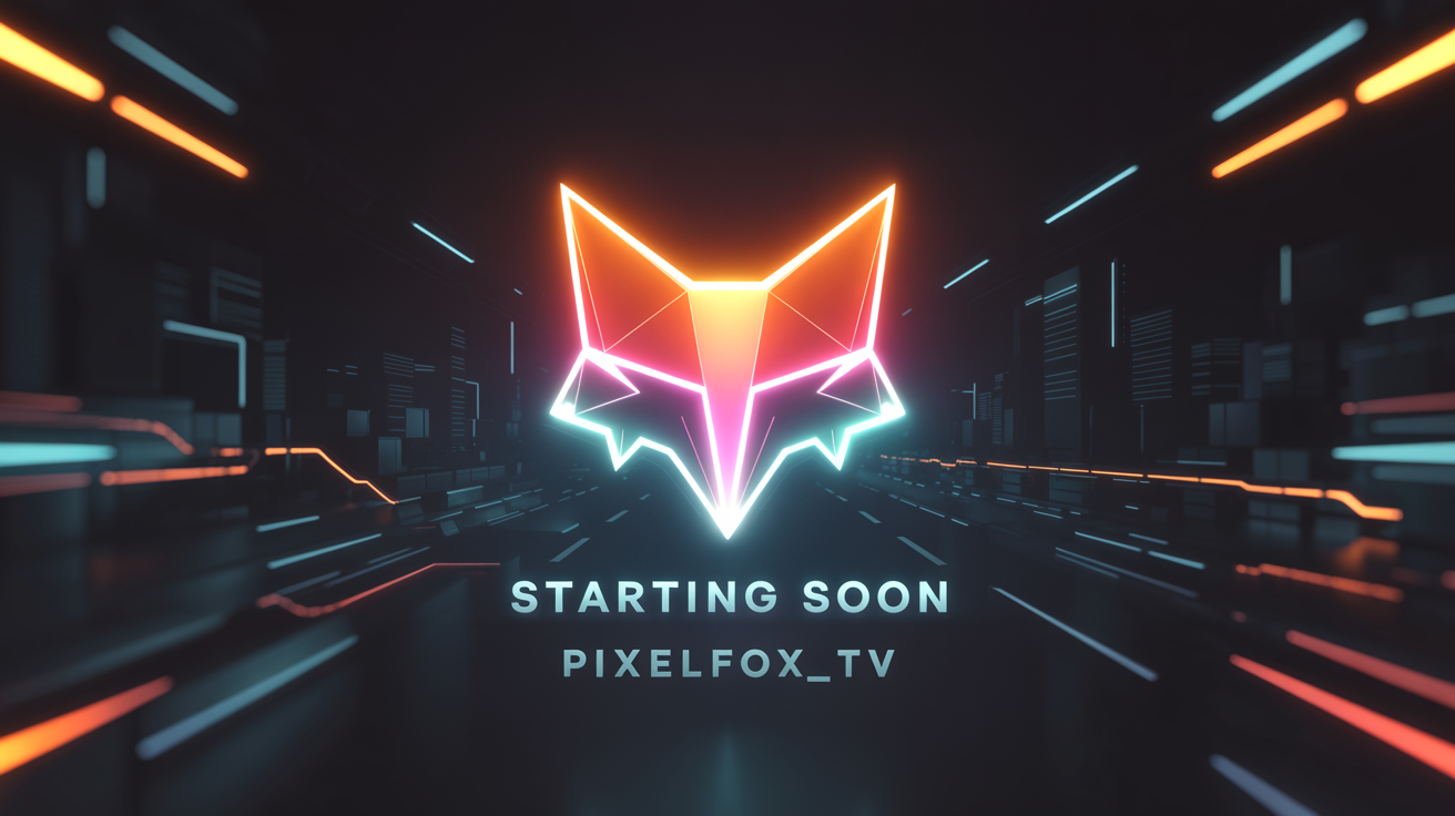 A futuristic 'Starting Soon' screen for a Twitch stream, featuring a glowing neon fox logo and the text 'STARTING SOON' and 'PIXELFOX_TV' on a dark, cyberpunk-themed background.
