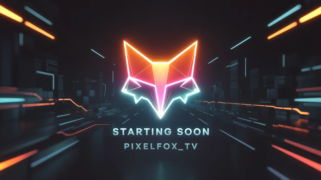 A futuristic 'Starting Soon' screen for a Twitch stream, featuring a glowing neon fox logo and the text 'STARTING SOON' and 'PIXELFOX_TV' on a dark, cyberpunk-themed background.