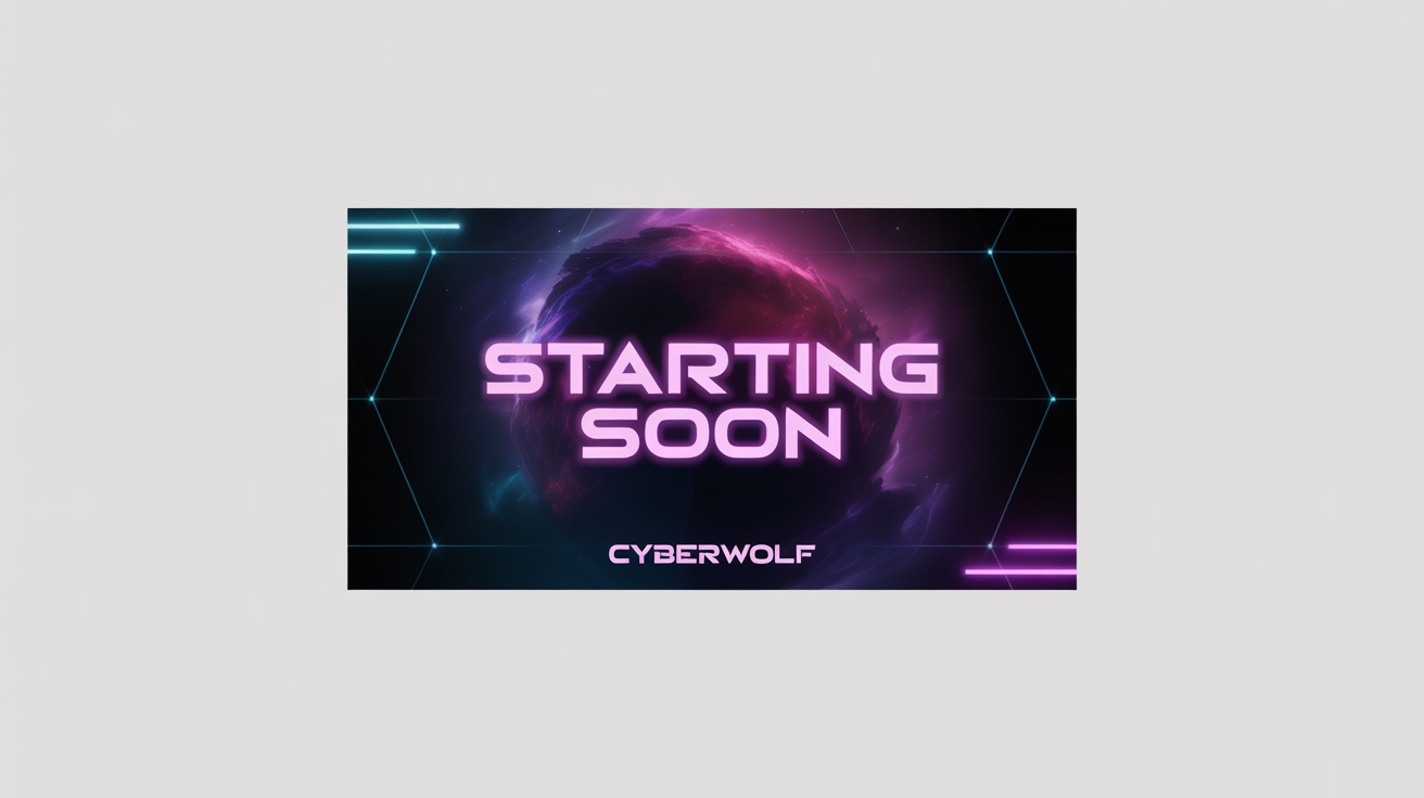 A futuristic 'Starting Soon' screen for a Twitch stream, featuring neon pink text on a dark space-themed background. The screen is shown as a mockup on a white background.
