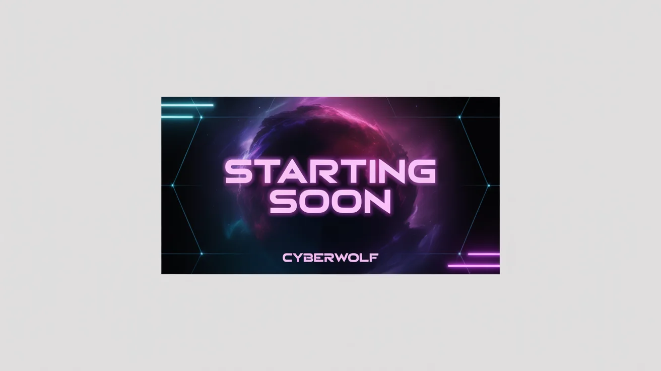A futuristic 'Starting Soon' screen for a Twitch stream, featuring neon pink text on a dark space-themed background. The screen is shown as a mockup on a white background.