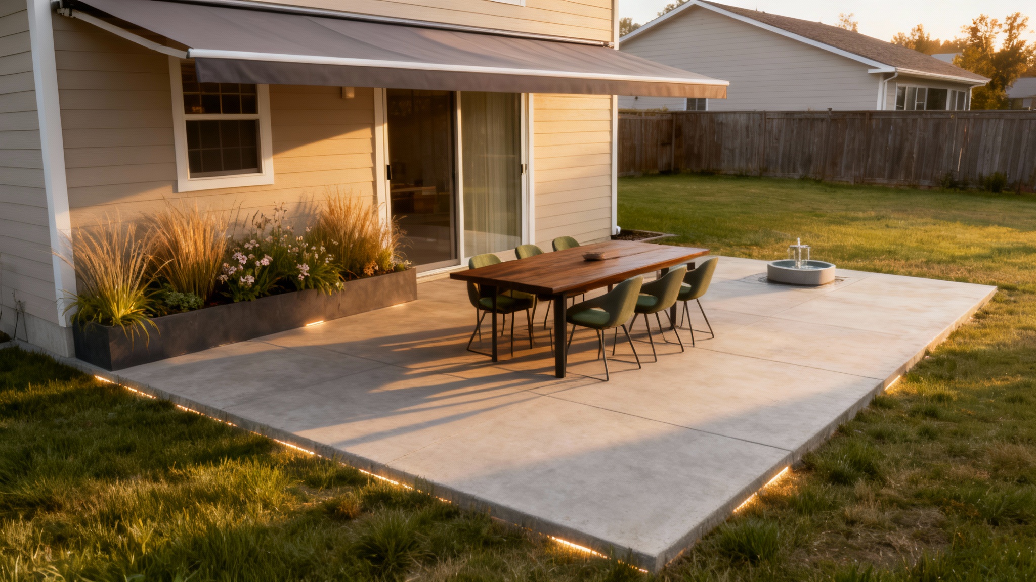 A wide-angle photograph of a luxurious, modern patio in late afternoon sunlight. A dark wooden table and chairs with green cushions sit on light gray concrete tiles, surrounded by lush greenery and a small modern fountain.