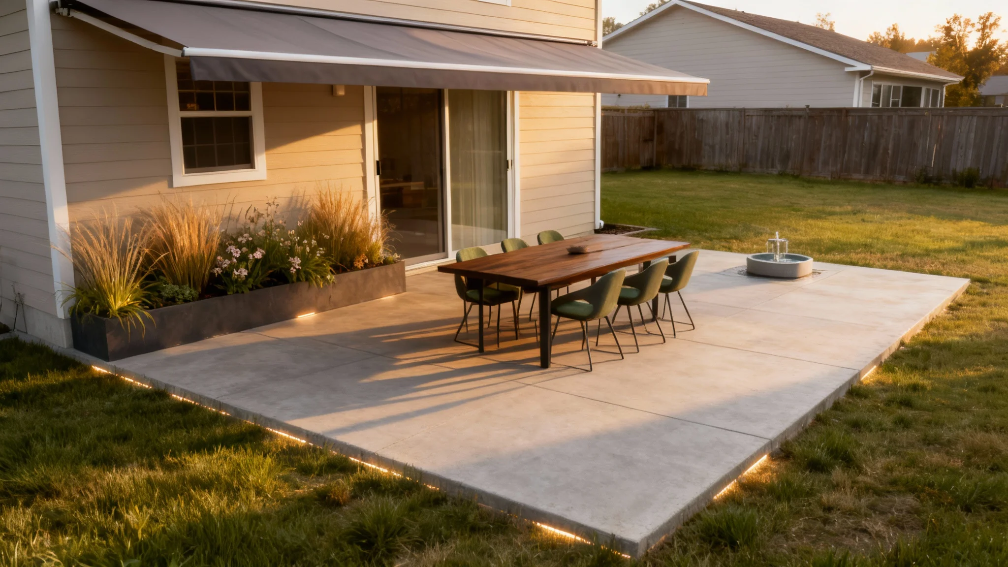 A wide-angle photograph of a luxurious, modern patio in late afternoon sunlight. A dark wooden table and chairs with green cushions sit on light gray concrete tiles, surrounded by lush greenery and a small modern fountain.