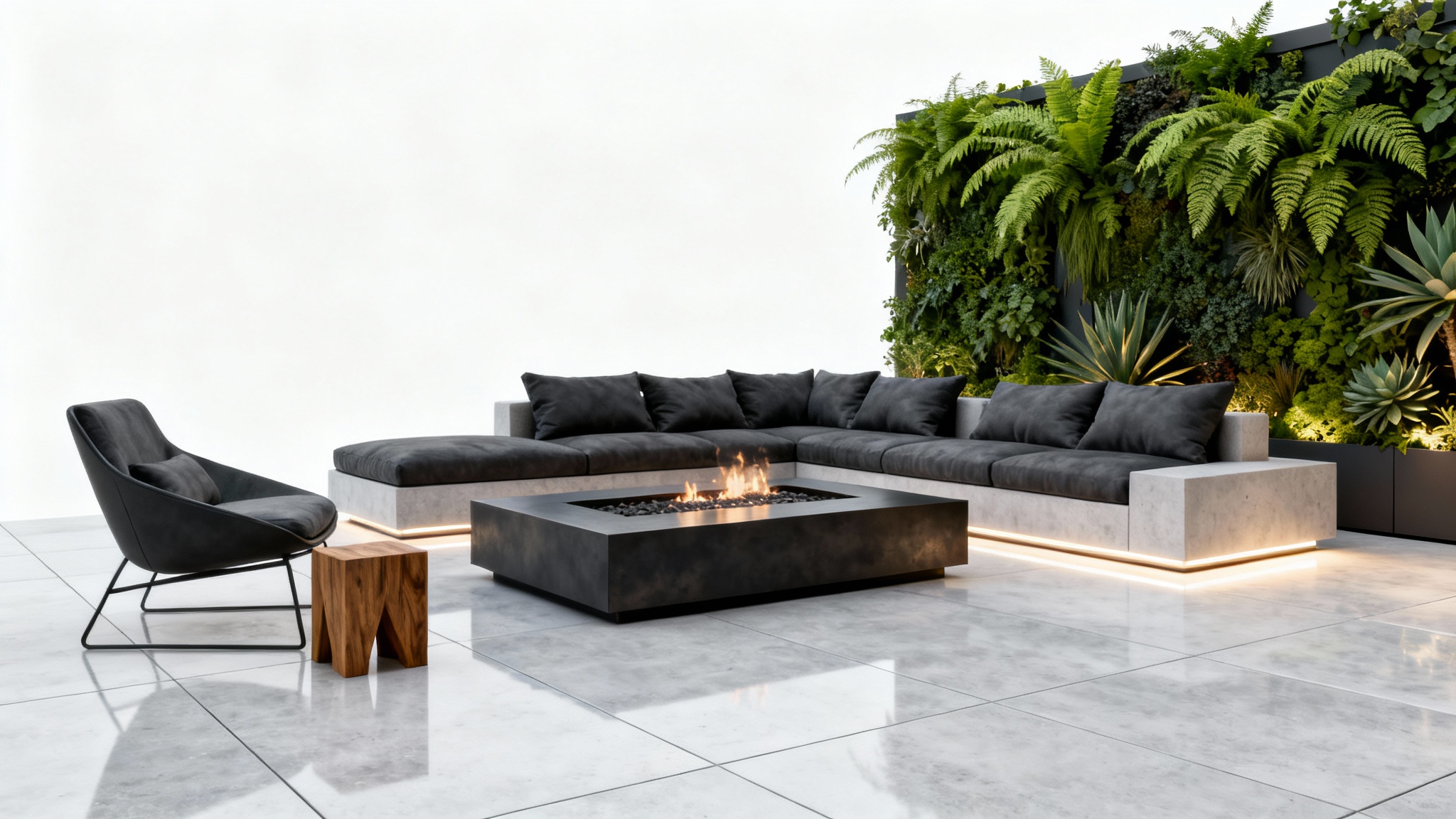 A photorealistic mockup of a modern patio design featuring a gray sectional sofa, a metal fire pit, and a lush vertical garden wall, all set against a clean white background.
