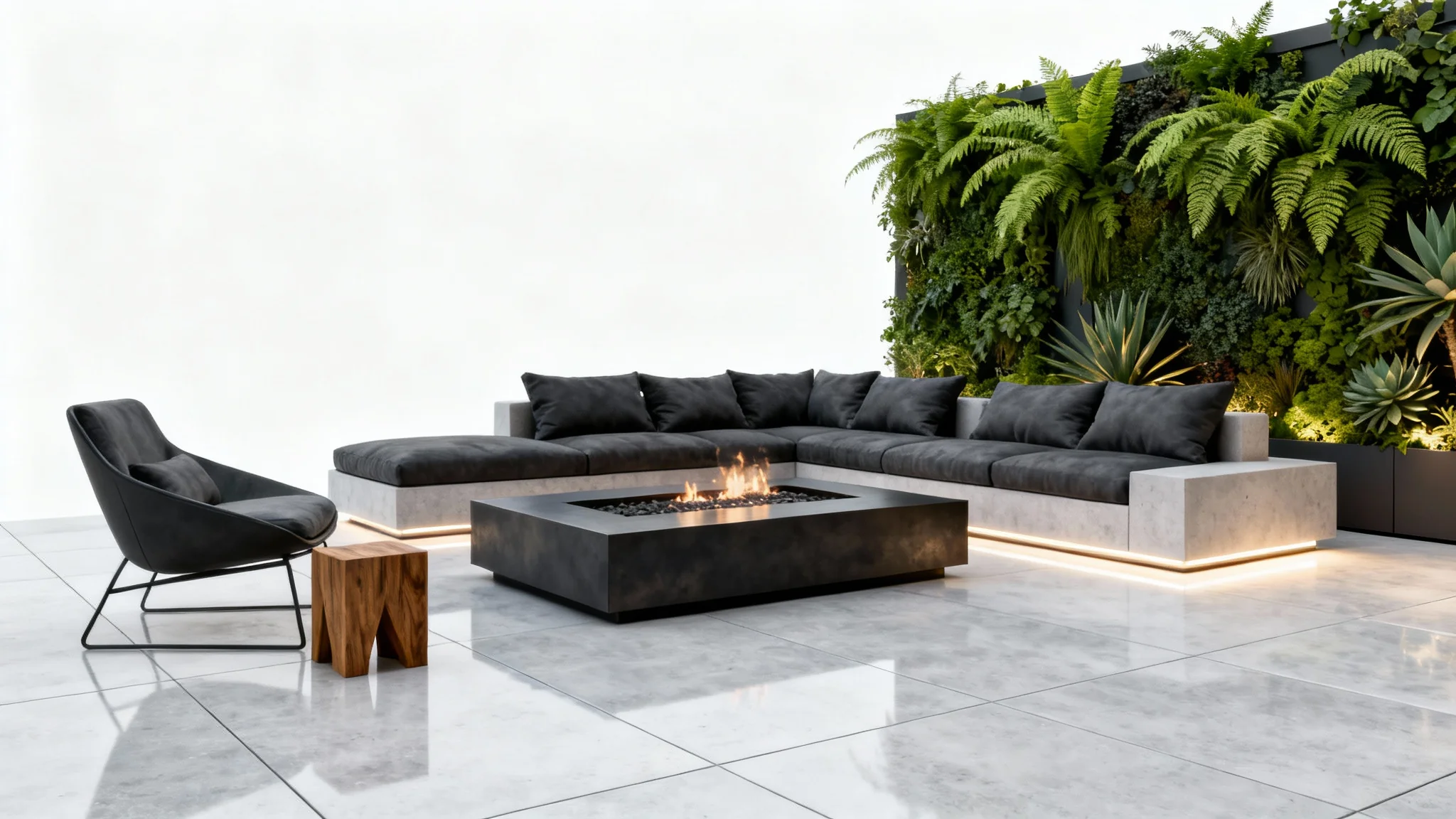 A photorealistic mockup of a modern patio design featuring a gray sectional sofa, a metal fire pit, and a lush vertical garden wall, all set against a clean white background.