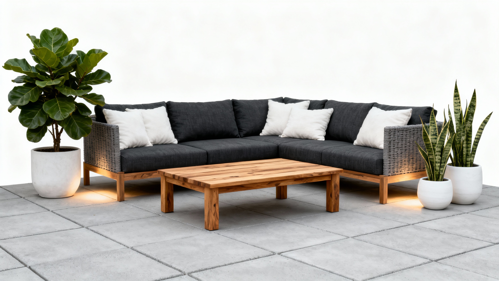 A photorealistic mockup of a modern patio design featuring a sleek dark sofa, a teak coffee table, and potted plants, all isolated against a clean white background.