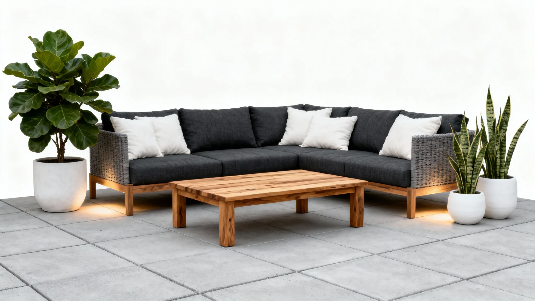 A photorealistic mockup of a modern patio design featuring a sleek dark sofa, a teak coffee table, and potted plants, all isolated against a clean white background.