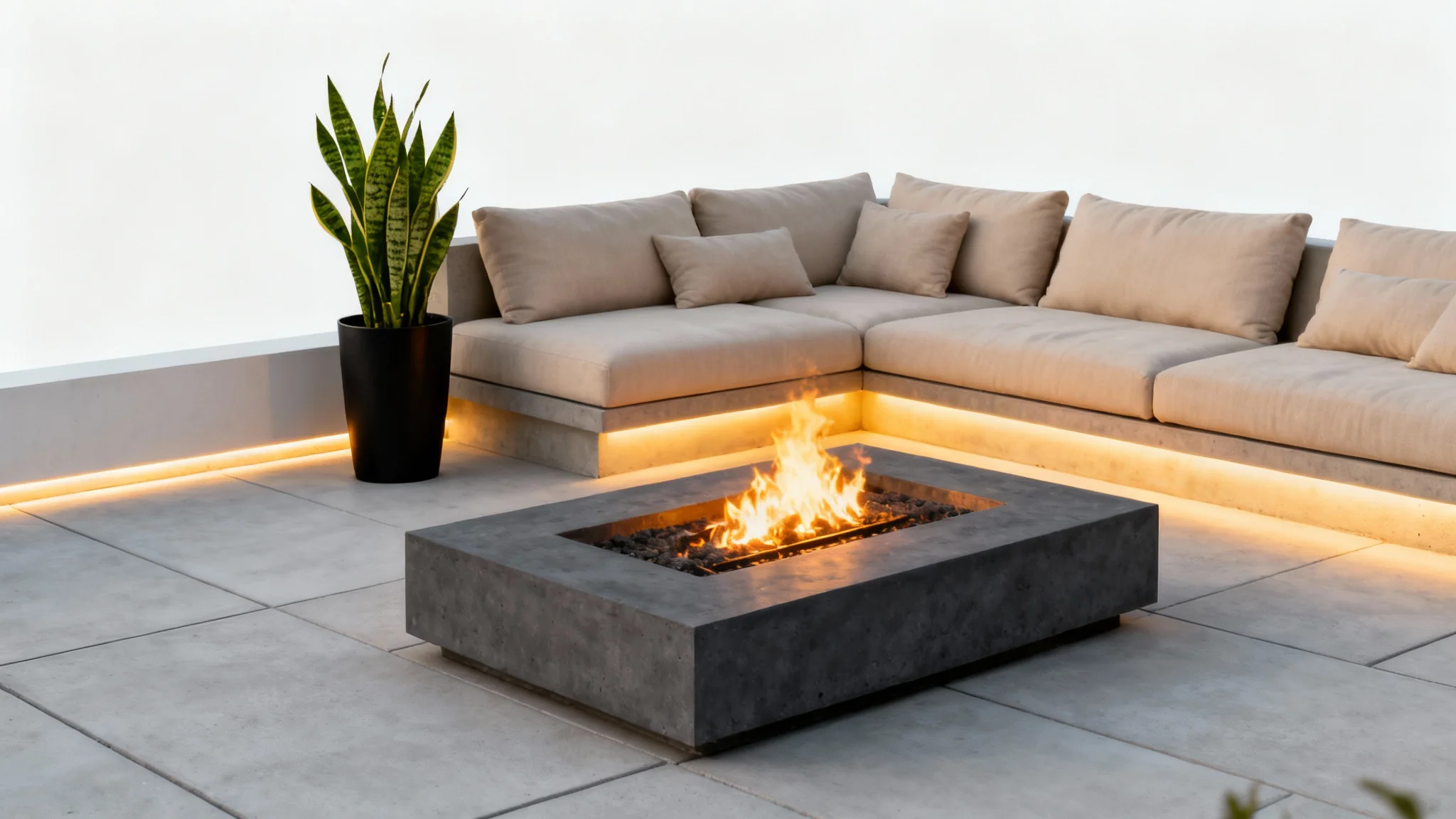 A photorealistic mockup of a modern and luxurious patio design featuring a comfortable sectional sofa, a minimalist concrete fire pit, and elegant ambient lighting, set against a white background.