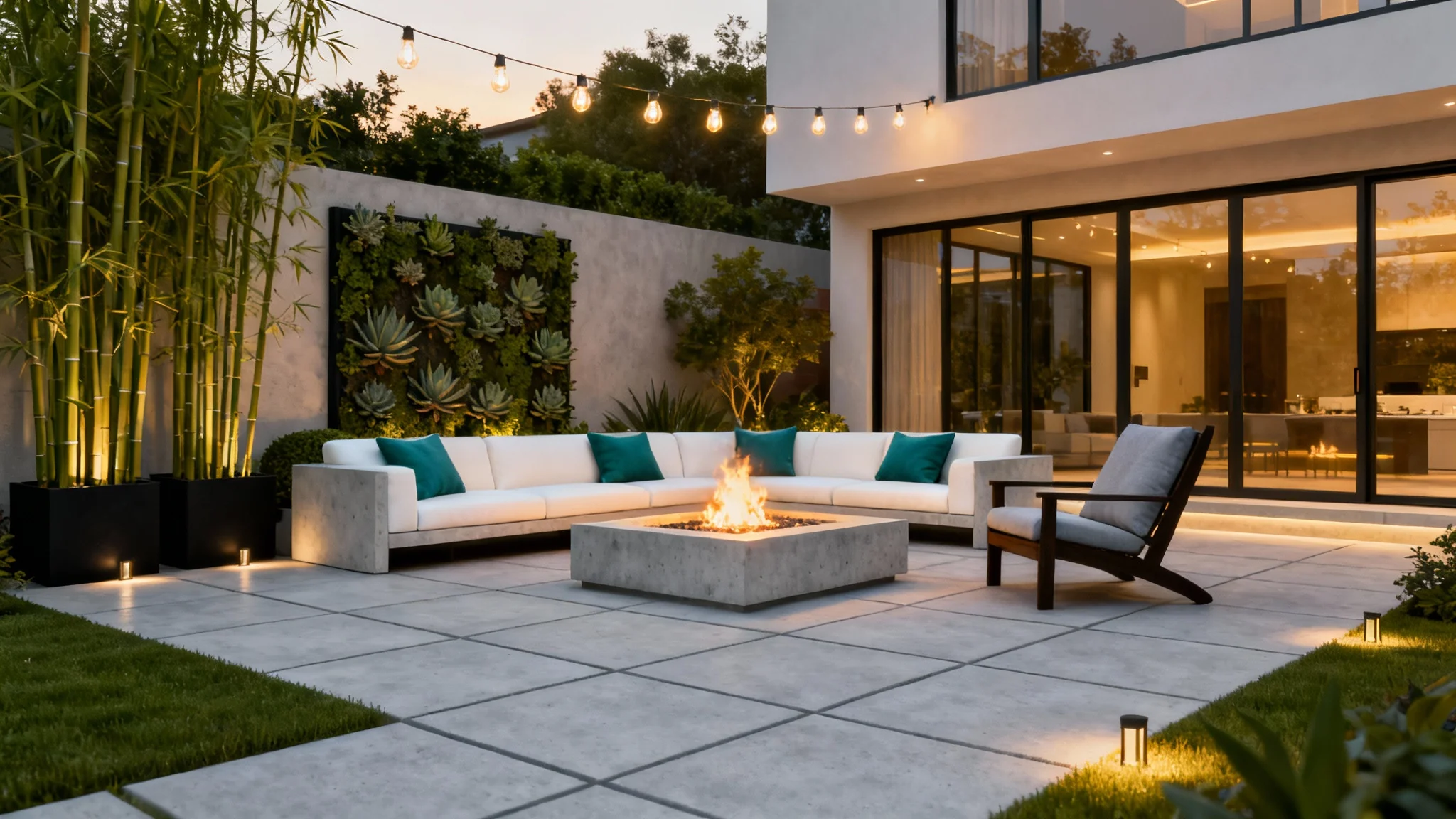 A luxurious and modern patio design at dusk, featuring a comfortable seating area with an outdoor sofa, a glowing concrete fire pit, and sophisticated ambient lighting.
