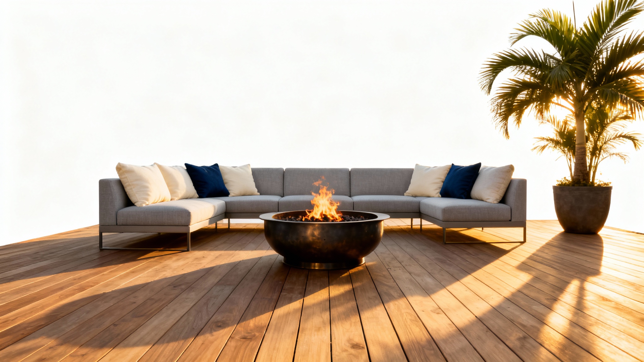 A beautifully designed modern patio at sunset, featuring a comfortable gray sofa, a central fire pit, and lush potted plants, creating a serene and luxurious outdoor living space.