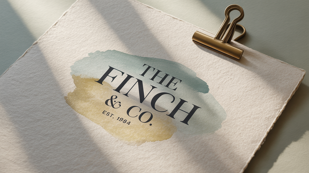 A sophisticated flat lay image showing a final design on a textured off-white paper background. The words 'The Finch & Co. Est. 1984' are elegantly printed, accompanied by a soft watercolor swatch in gold and teal, all under soft natural light.