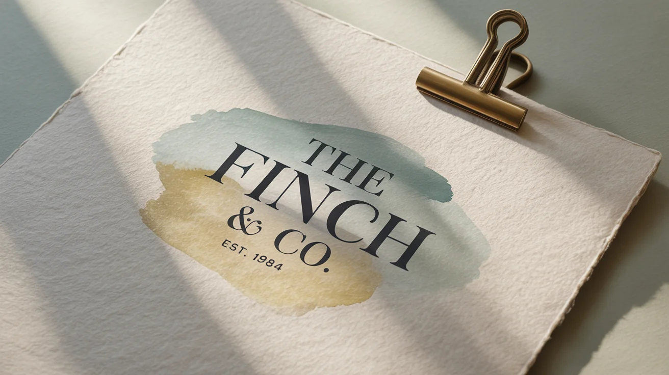 A sophisticated flat lay image showing a final design on a textured off-white paper background. The words 'The Finch & Co. Est. 1984' are elegantly printed, accompanied by a soft watercolor swatch in gold and teal, all under soft natural light.