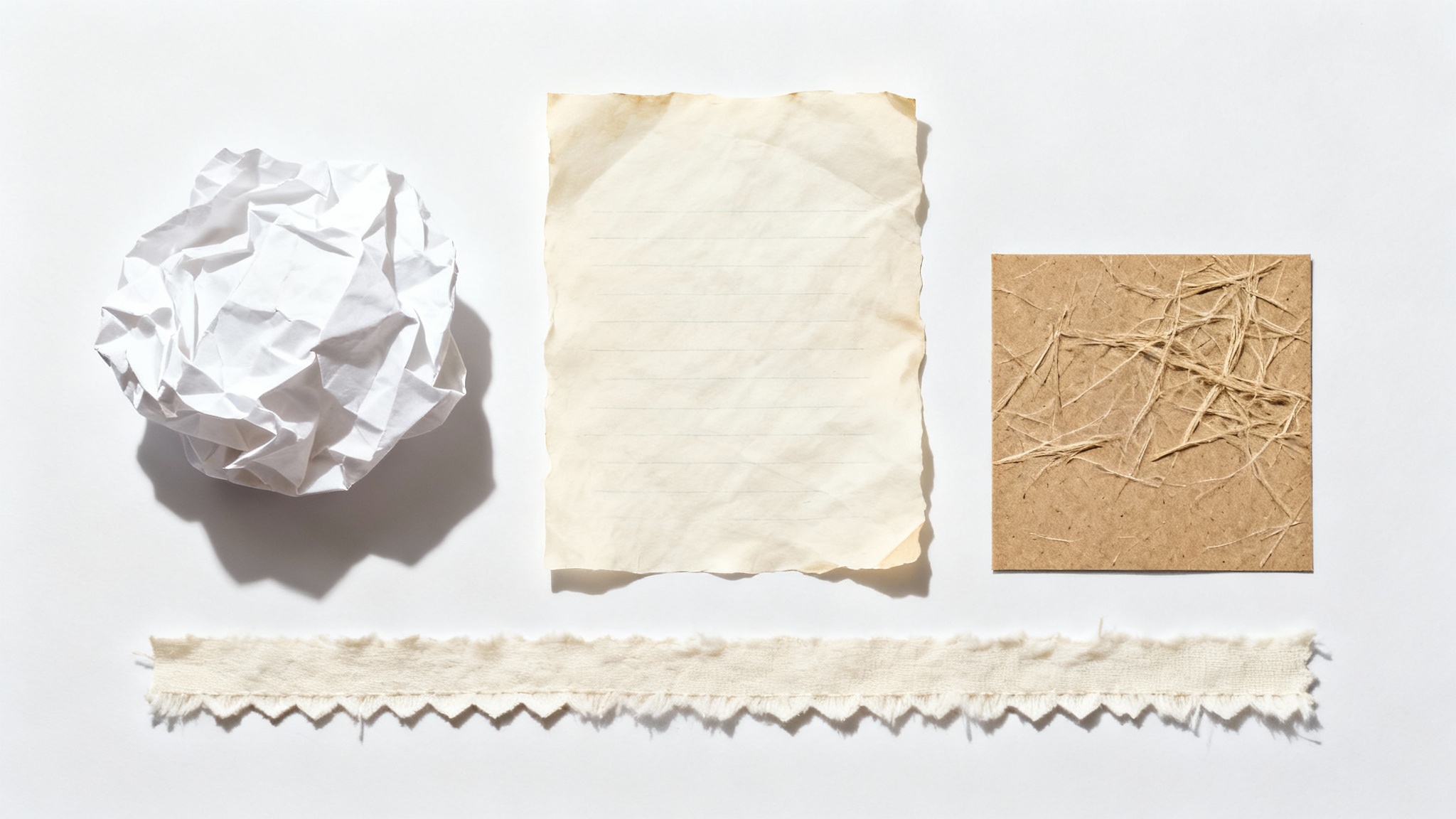 A minimalist flat lay showcasing a variety of paper textures, including crumpled, parchment, and kraft paper, on a clean white background.