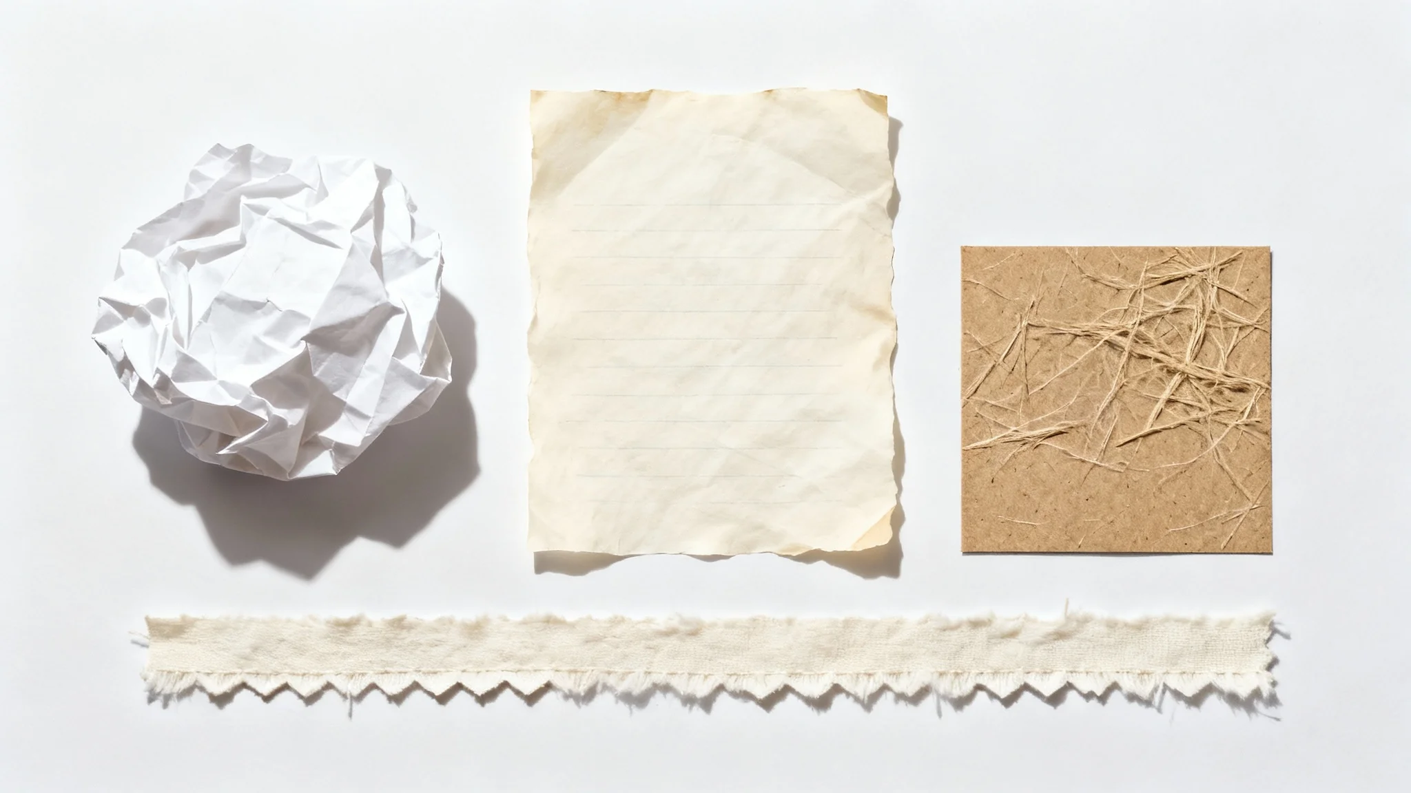 A minimalist flat lay showcasing a variety of paper textures, including crumpled, parchment, and kraft paper, on a clean white background.