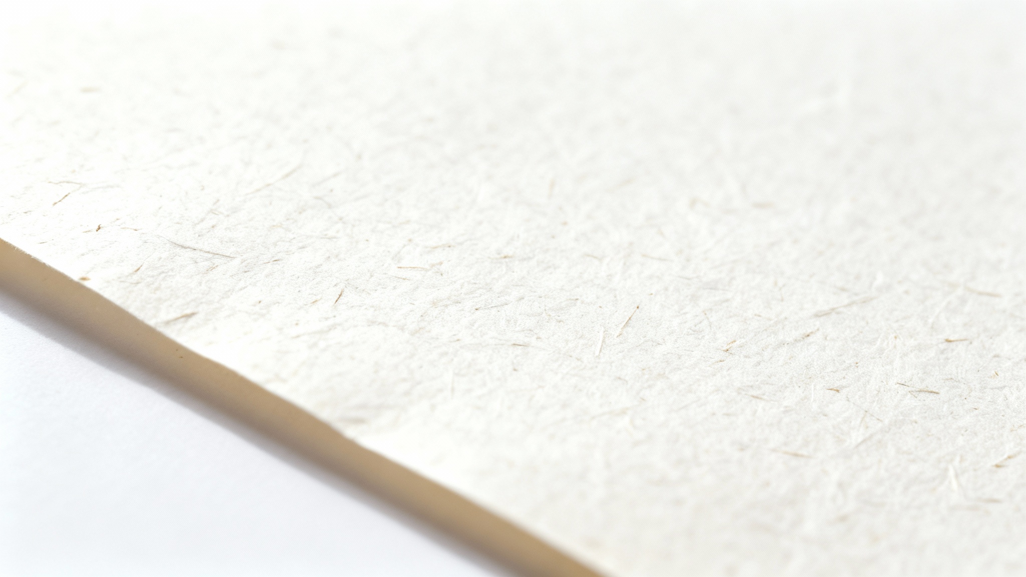 A detailed macro shot of a textured, off-white paper sheet, highlighting its fibrous composition, set against a clean white background.