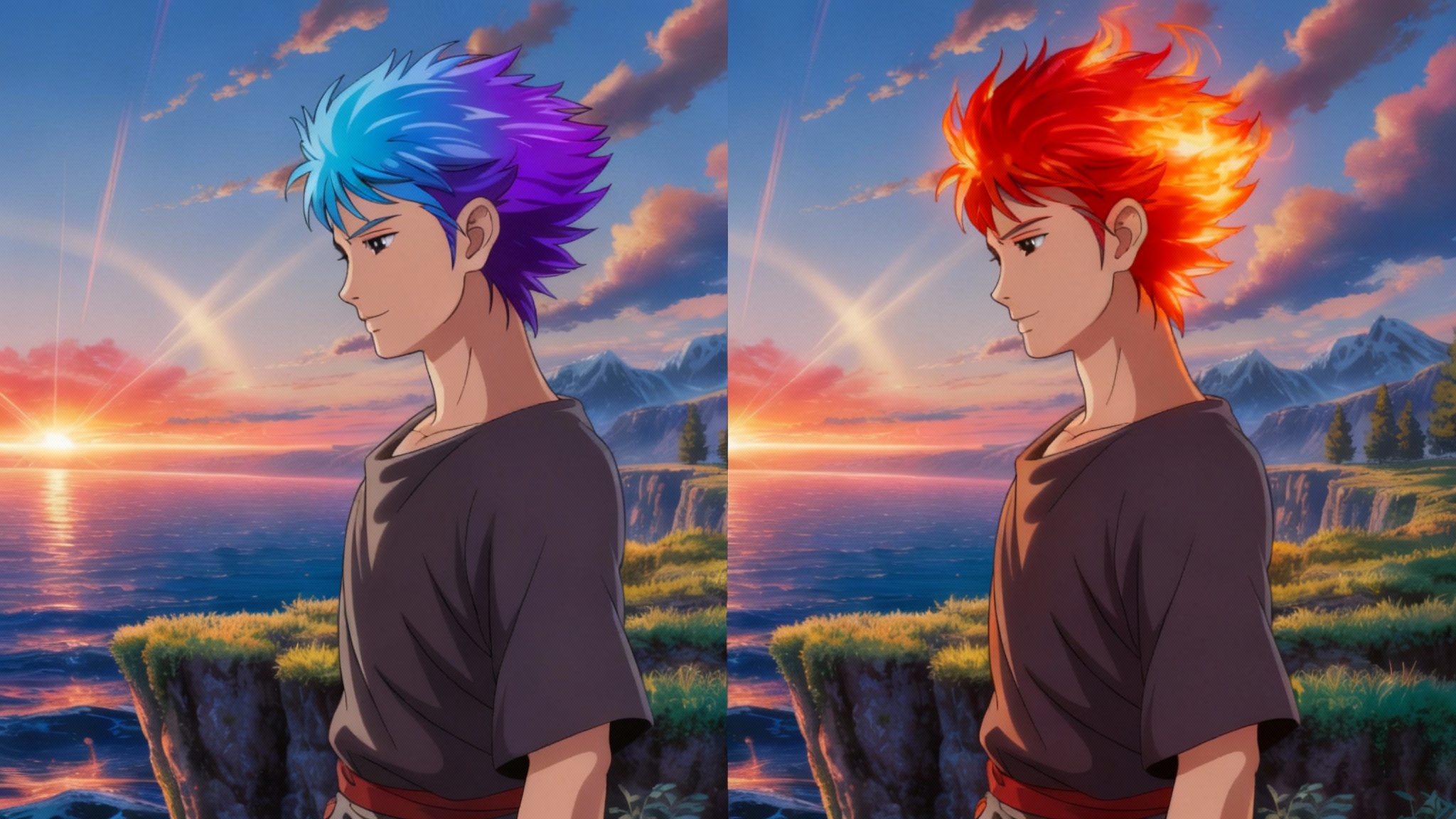 A split-screen comparison showing an anime hair color changer. On the left, an anime character has blue and purple hair. On the right, the same character has fiery red and orange hair, demonstrating the tool's effect.