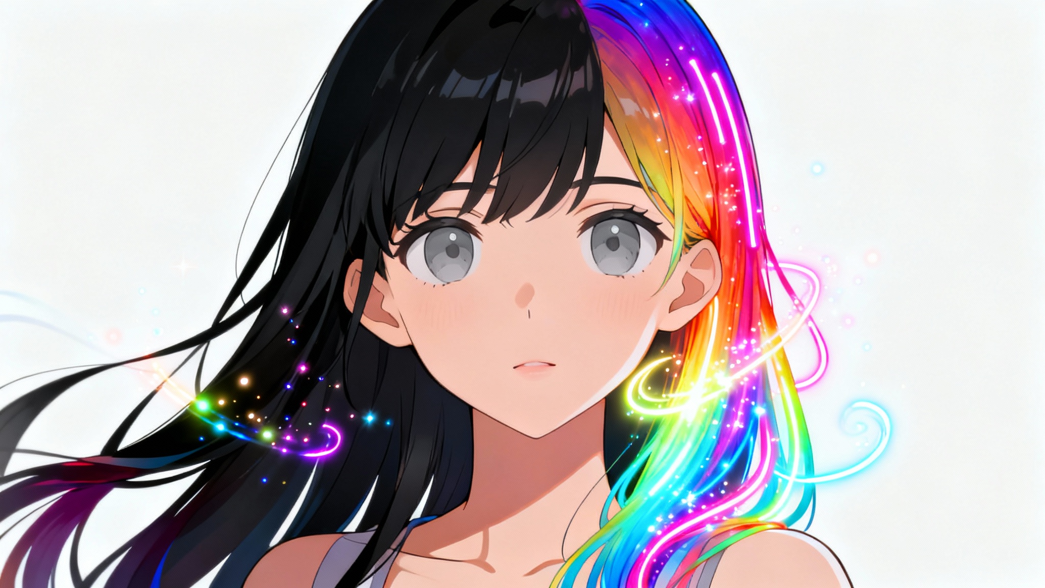 A close-up portrait of an anime girl against a white background, where one half of her long hair is black and the other half is magically transforming into a vibrant, glowing rainbow.