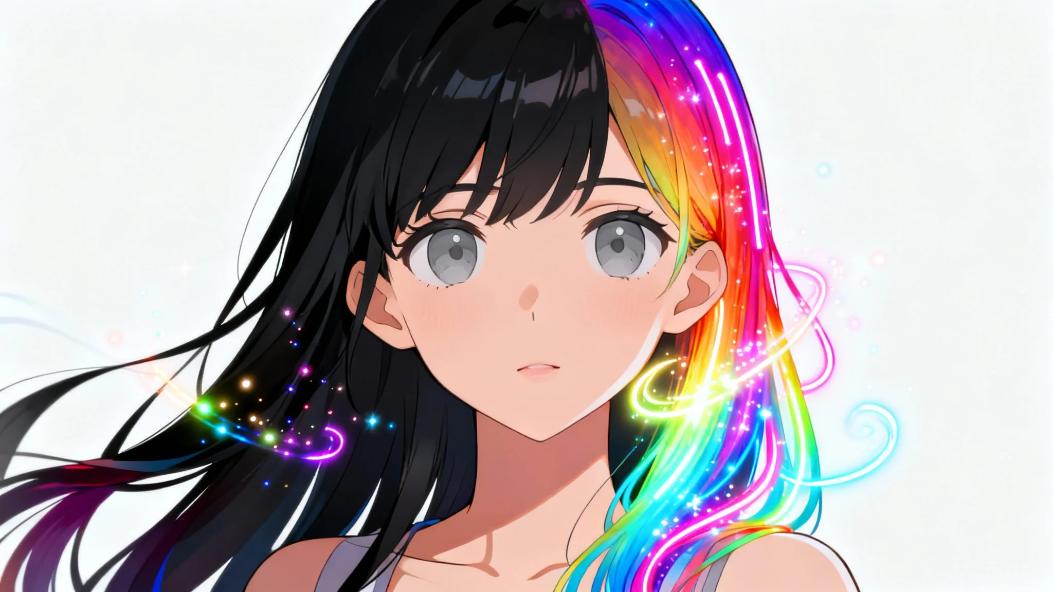 A close-up portrait of an anime girl against a white background, where one half of her long hair is black and the other half is magically transforming into a vibrant, glowing rainbow.