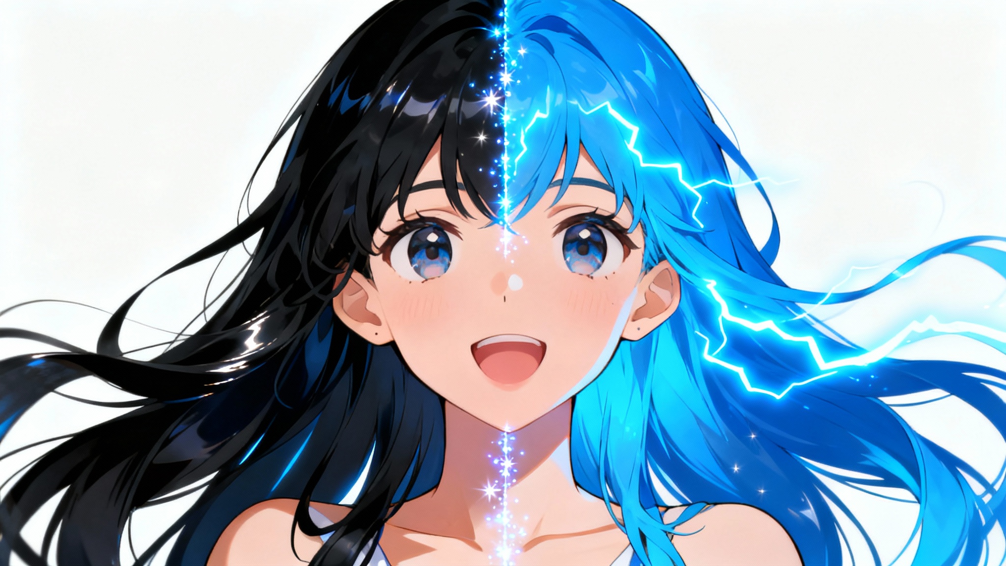 An anime-style illustration of a young woman with her hair color split down the middle, half black and half vibrant electric blue, showcasing a hair color change effect on a white background.