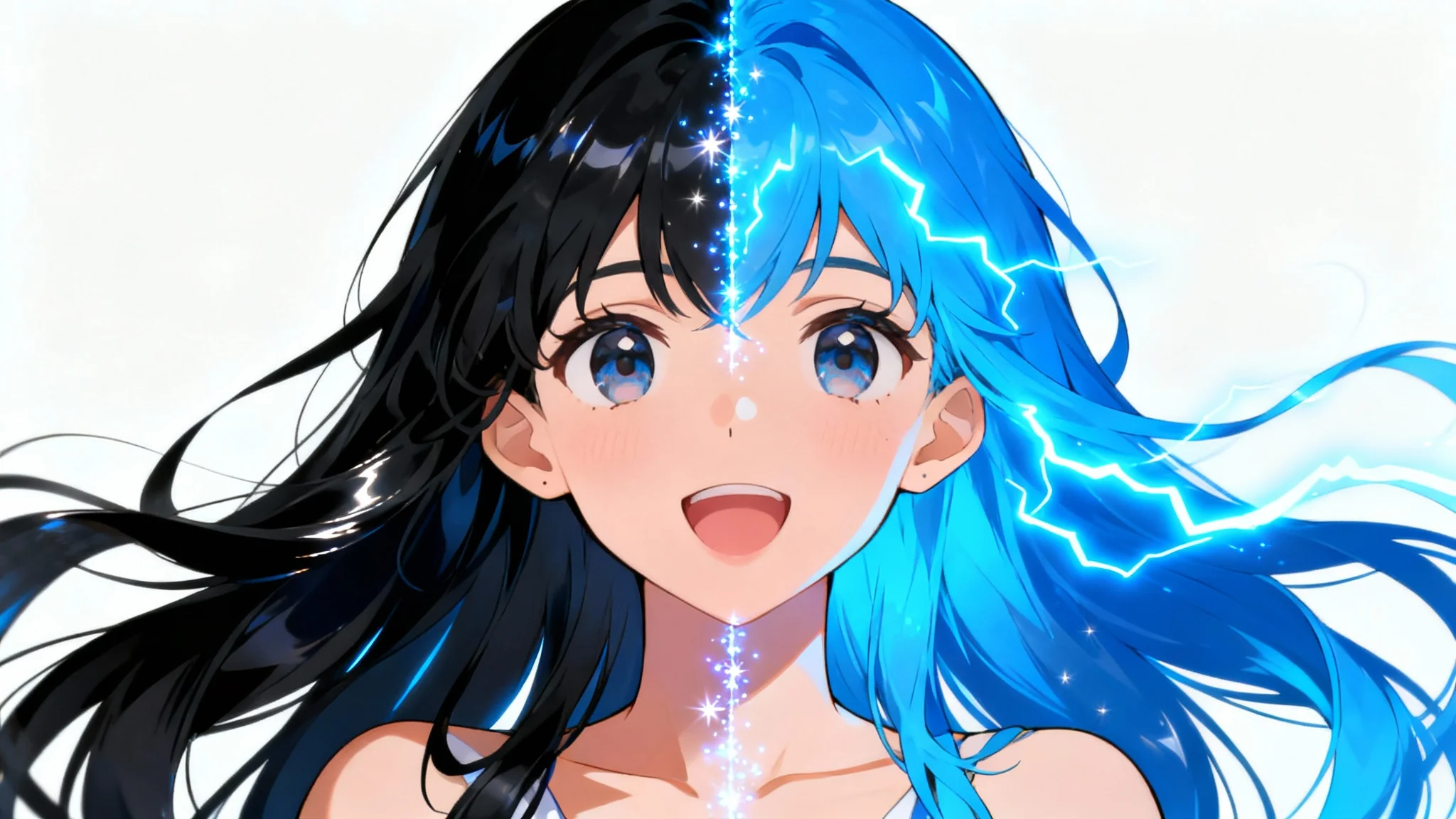 An anime-style illustration of a young woman with her hair color split down the middle, half black and half vibrant electric blue, showcasing a hair color change effect on a white background.