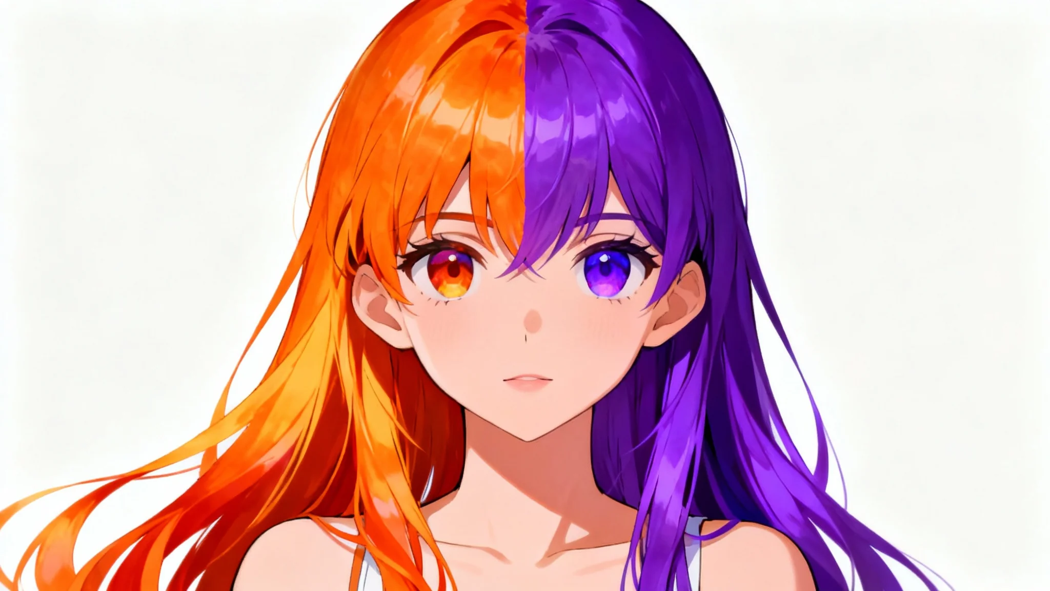 A close-up illustration of an anime girl's face, with her hair parted down the middle; one side is bright orange, and the other is electric purple, on a white background.