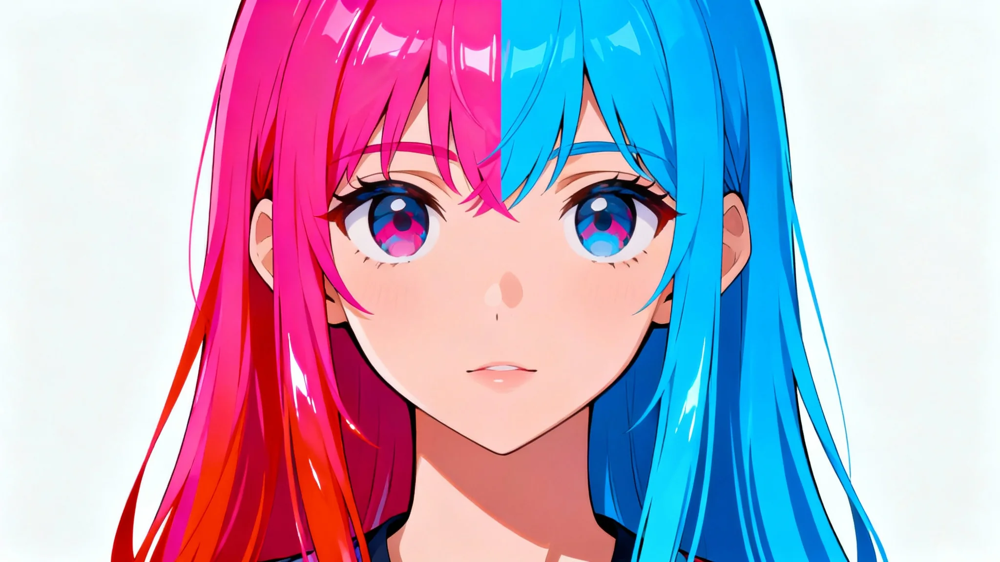 A close-up portrait of an anime girl whose hair is split into two colors, half electric blue and half neon pink, against a plain white background, demonstrating a hair color changer.
